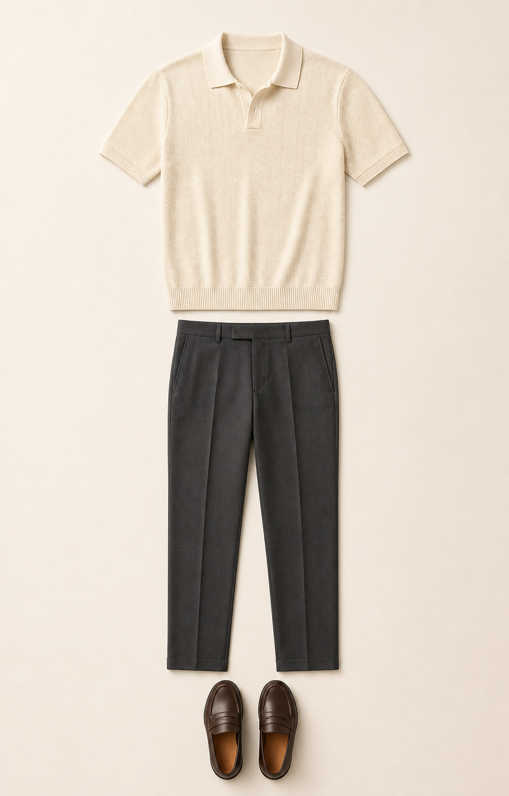 An example outfit combining a cream knit polo, charcoal trousers, and brown loafers